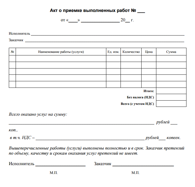 Акт выполненных работ | скачать бланк и образец | заполнить онлайн
