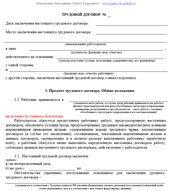 Образец заполнения трудового договора на должность бухгалтера