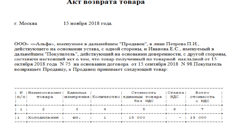 Акт обмена товара образец