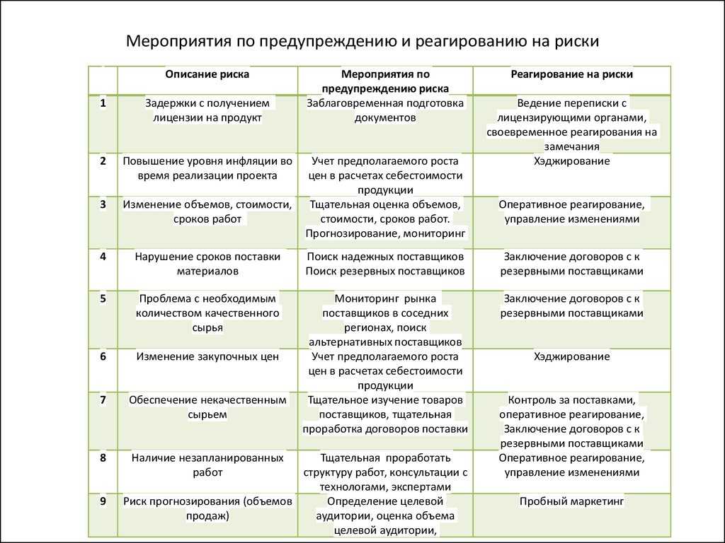 Какие мероприятия предполагается выполнить чтобы снизить влияние рисков на проект