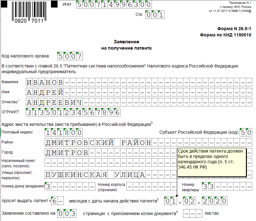 Образец заполнения патента