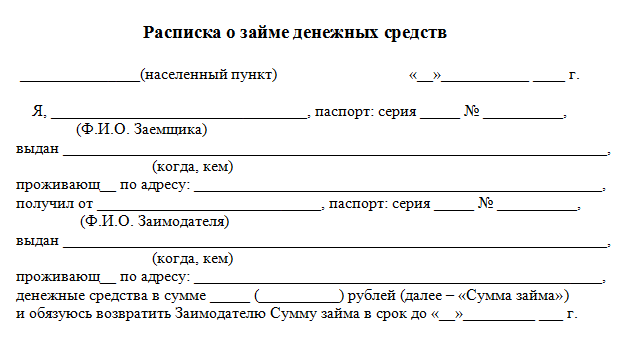 Форма расписки о получении денег образец между физическими лицами в долг