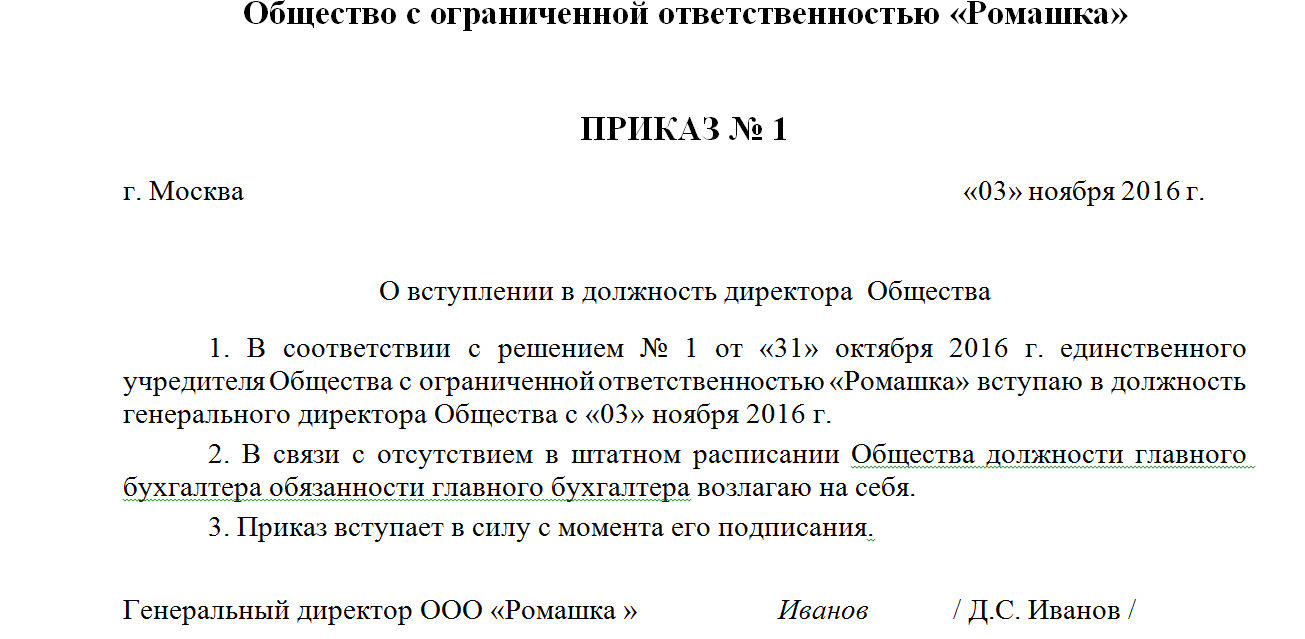Приказ о вступлении в должность генерального директора ооо образец 2022