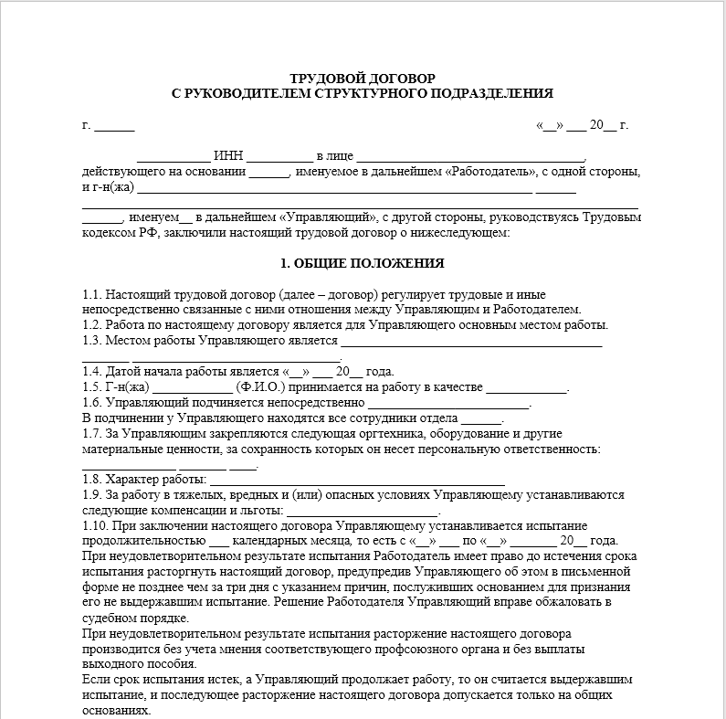 Образец трудового договора между ооо и директором ооо