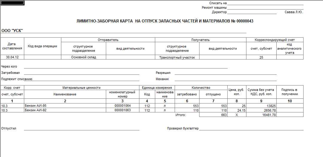 Лимитно заборная карта проводки