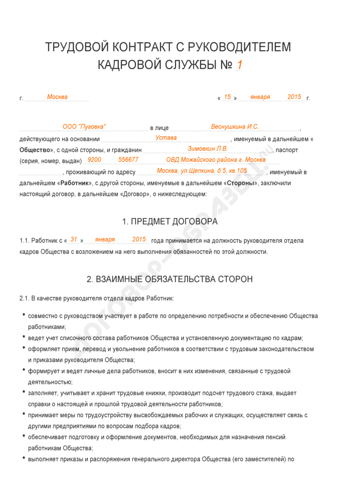 Образец заполнения трудового договора на должность бухгалтера