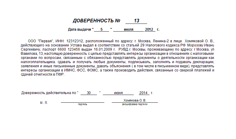 Доверенность на получение документов из налоговой от юридического лица образец