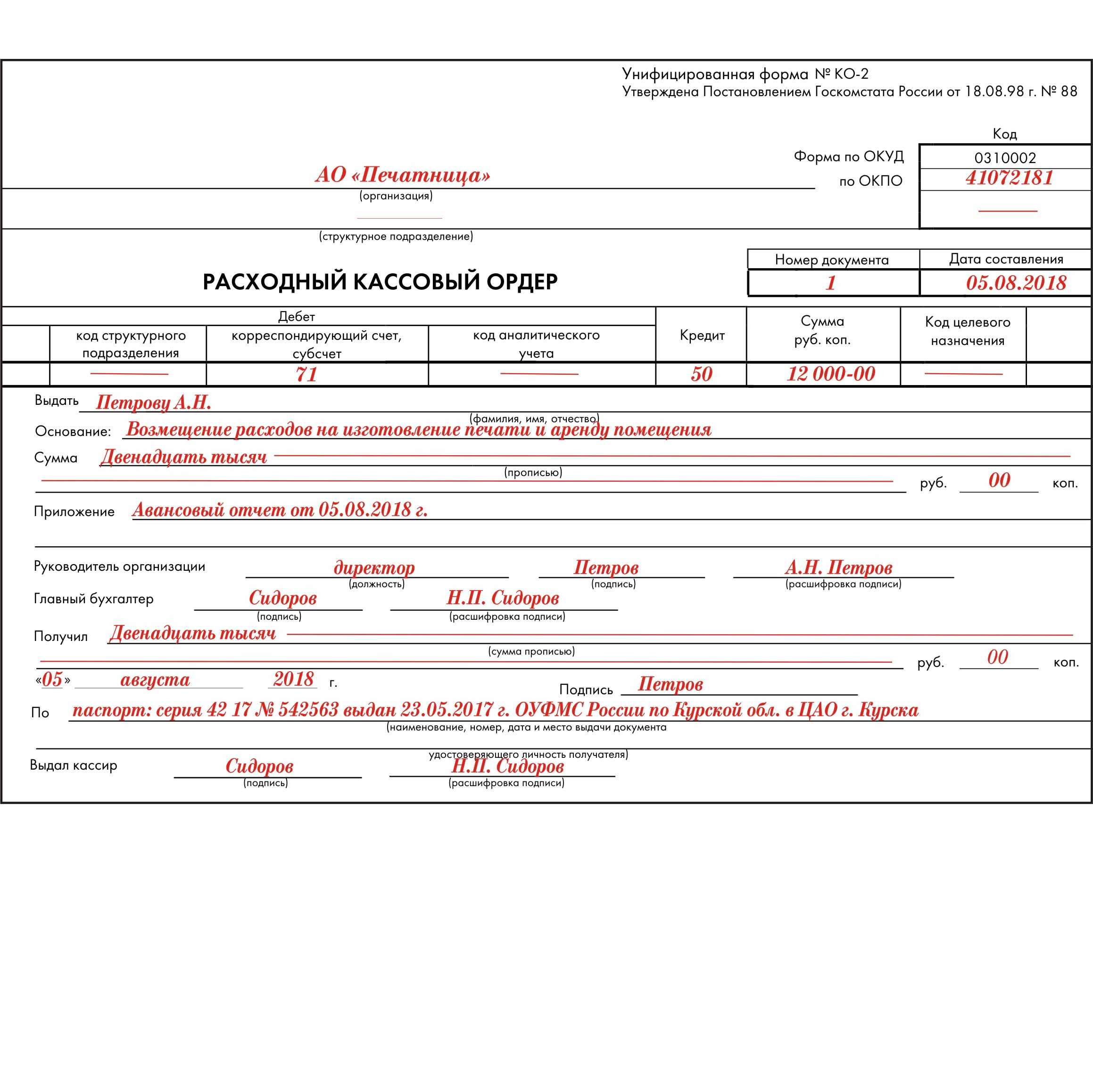Образец расходный кассовый ордер заполненный образец