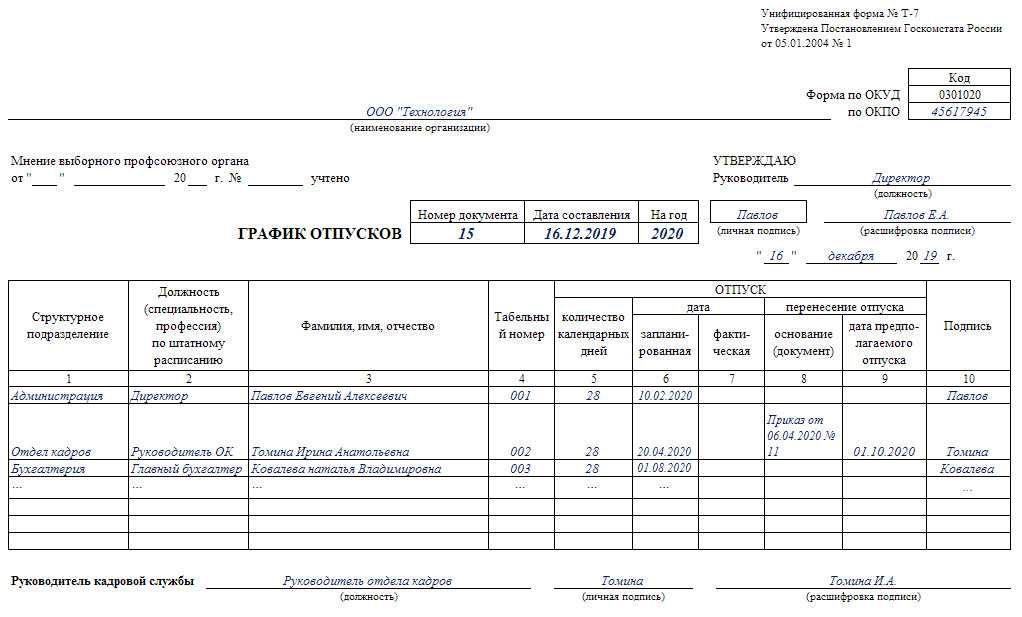 График отпусков шахматка образец