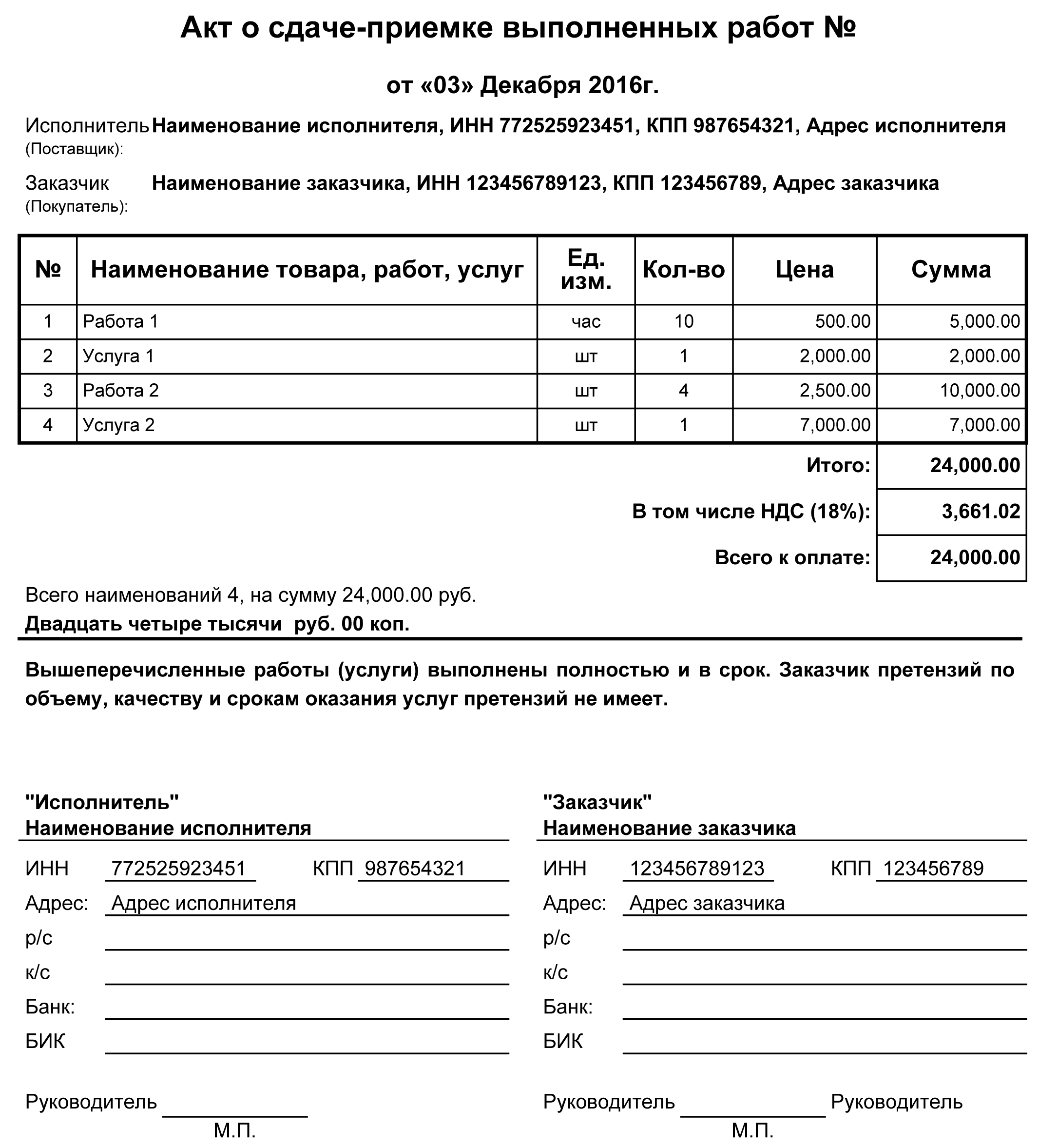 Акт выполненных работ от физического лица образец