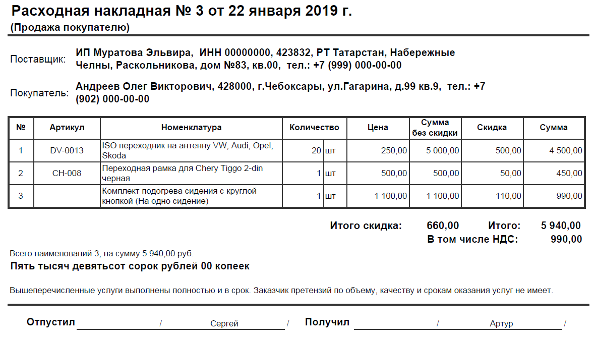 Накладная на получение товара образец